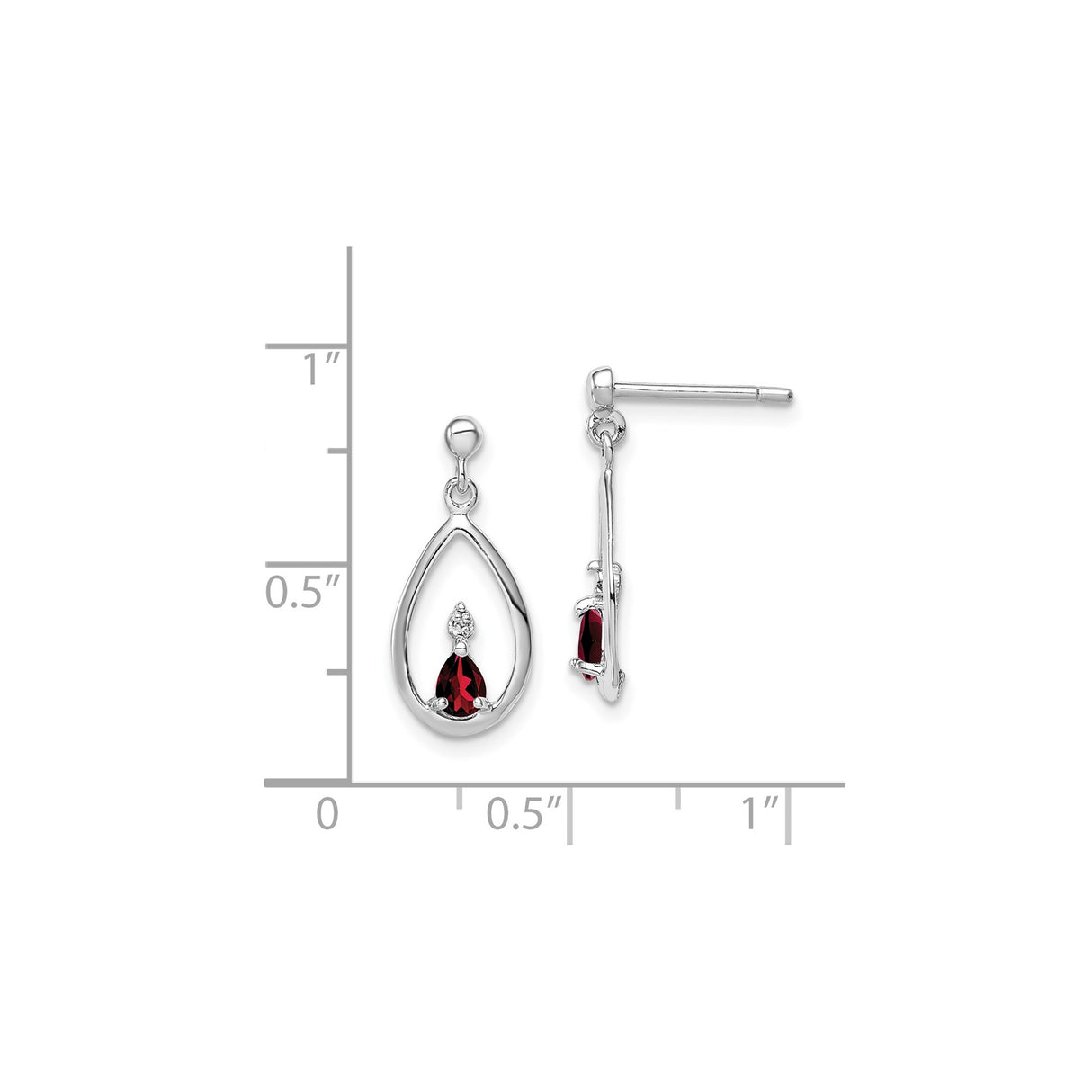 Sterling Silver Dangle Earrings with Garnet and Diamond, Teardrop Open Frame Design