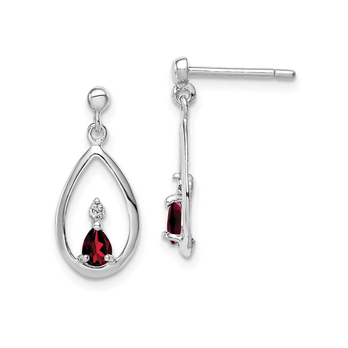 Sterling Silver Dangle Earrings with Garnet and Diamond, Teardrop Open Frame Design