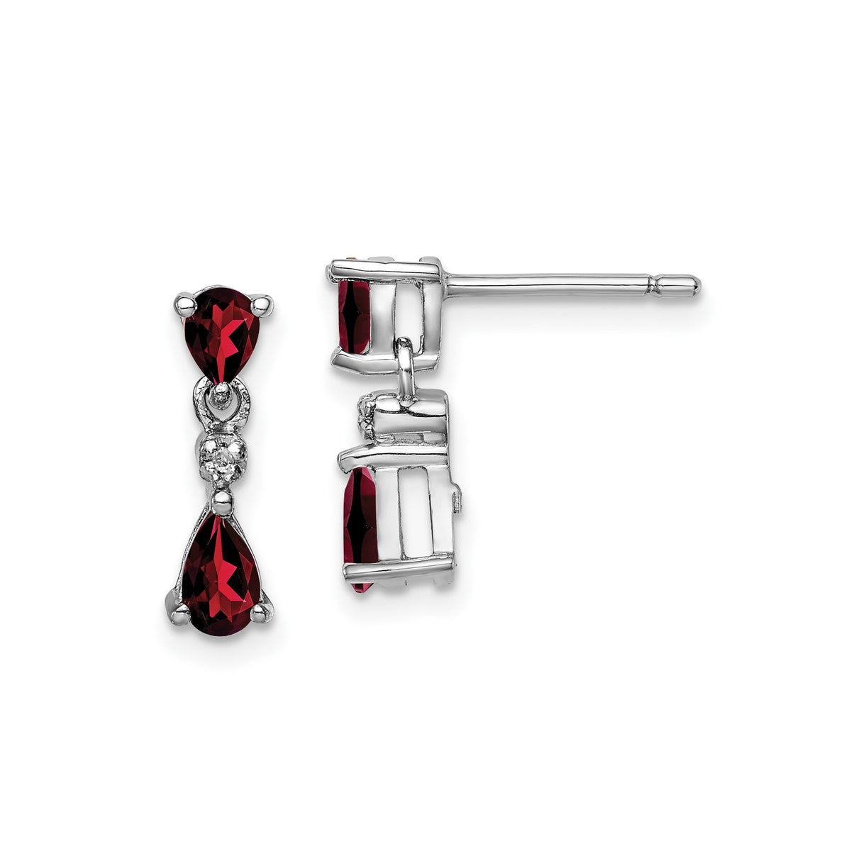 Sterling Silver Drop Earrings with Garnet Pear-Shaped Gemstones and Clear Accents