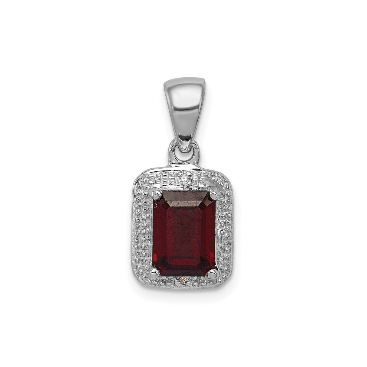 Sterling Silver Pendant with Emerald Cut Garnet and Diamond Halo Accents
