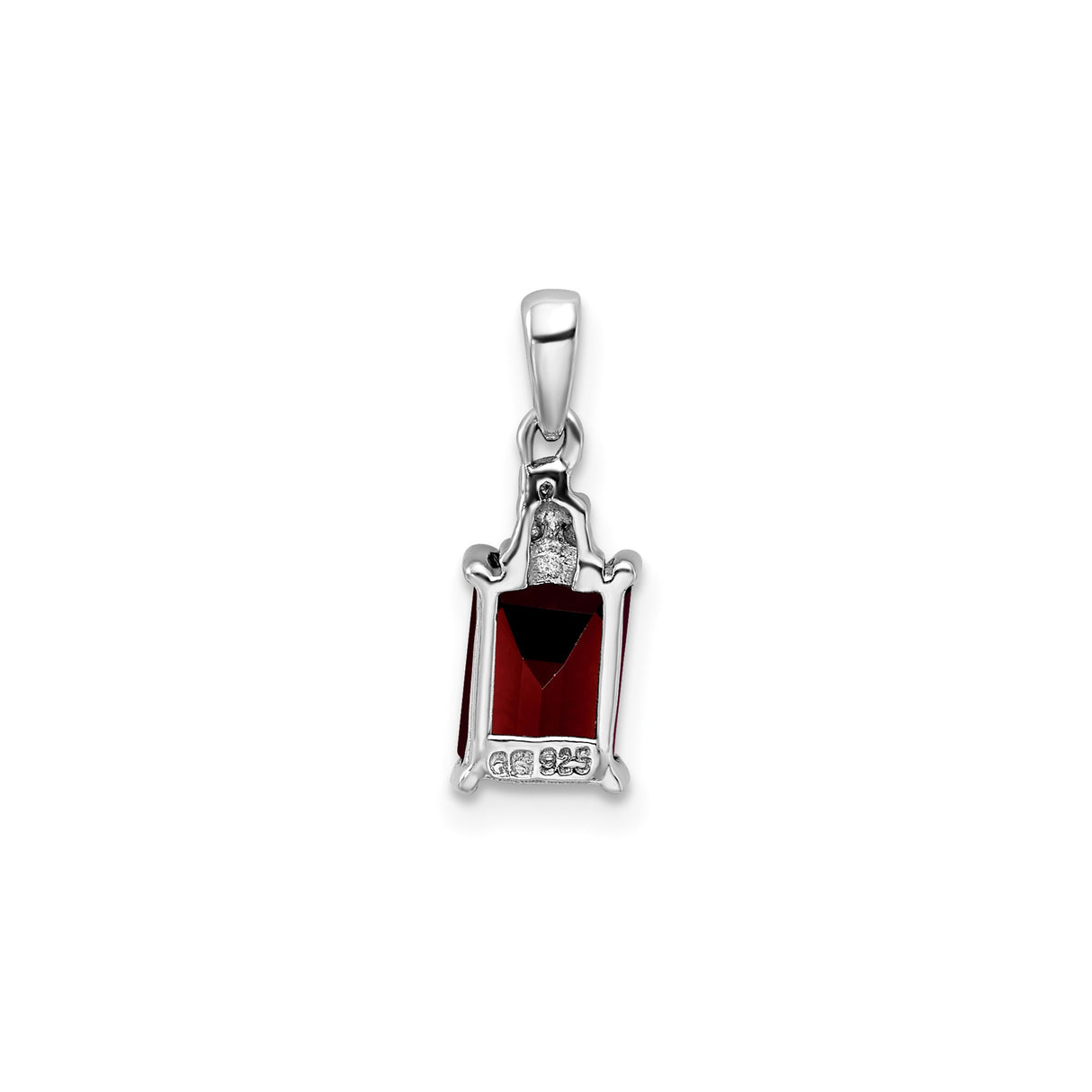 Sterling Silver Pendant with Emerald Cut Garnet and Diamond Accents, Textured Cluster Bail