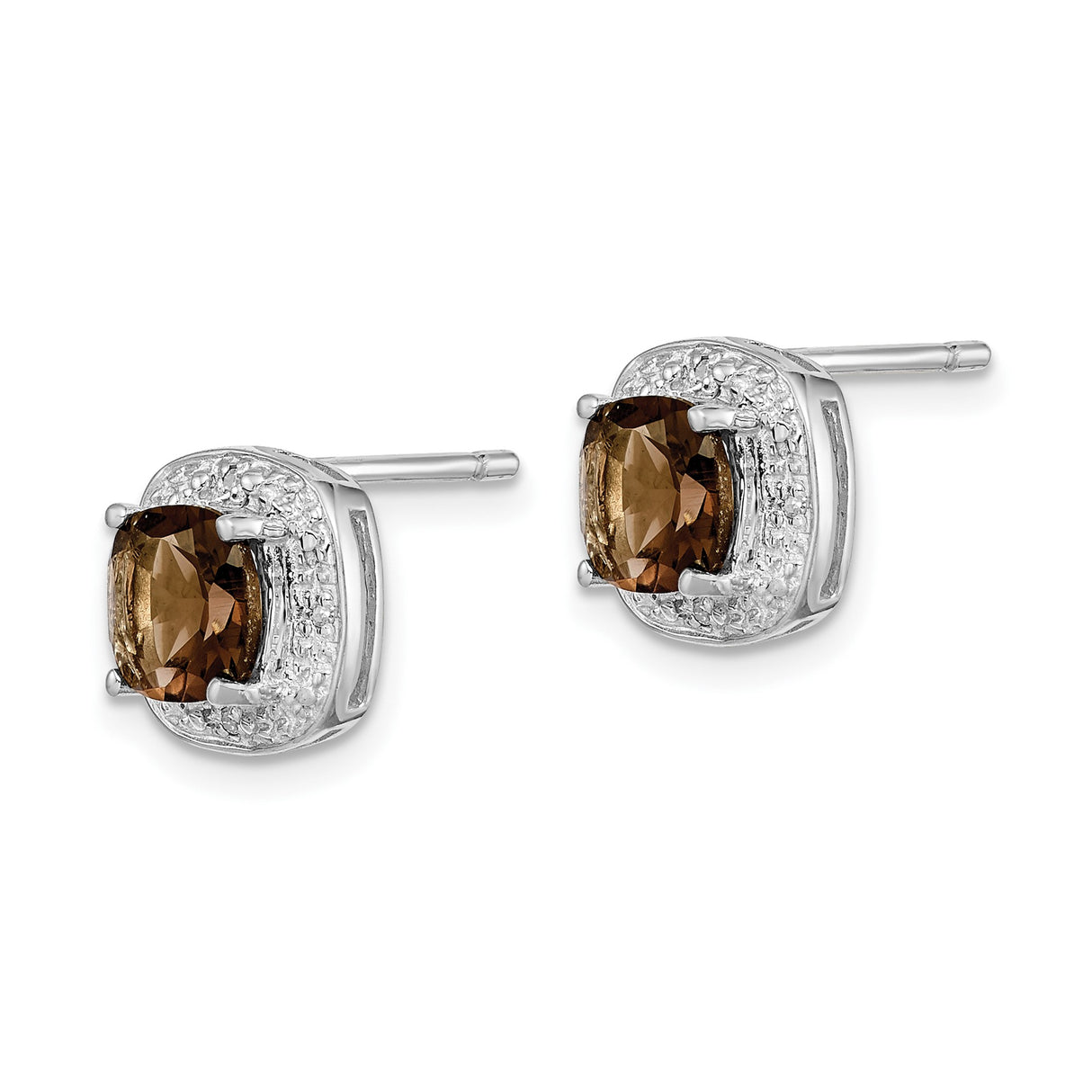 Sterling Silver Stud Earrings with Cushion Cut Smoky Quartz and Diamond Halo