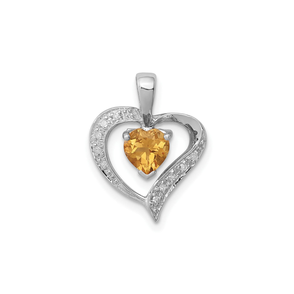 Sterling Silver Heart Pendant with Heart-Cut Citrine and Diamond Accents