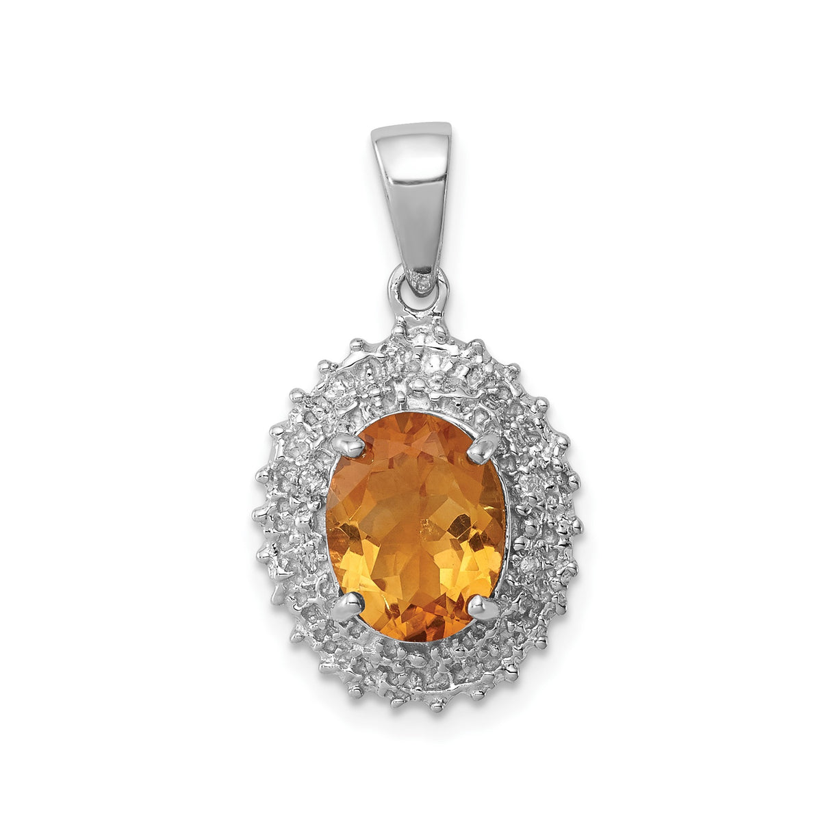 Sterling Silver Pendant with Oval Citrine and Diamond Accent, Textured Halo Design for Women