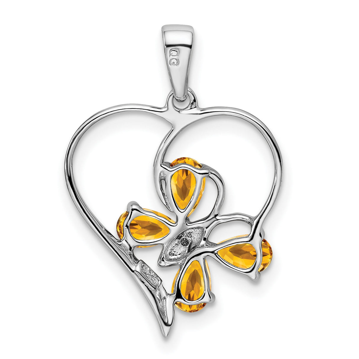 Sterling Silver Heart Pendant with Citrine and Diamond, Open Floral Design for Women