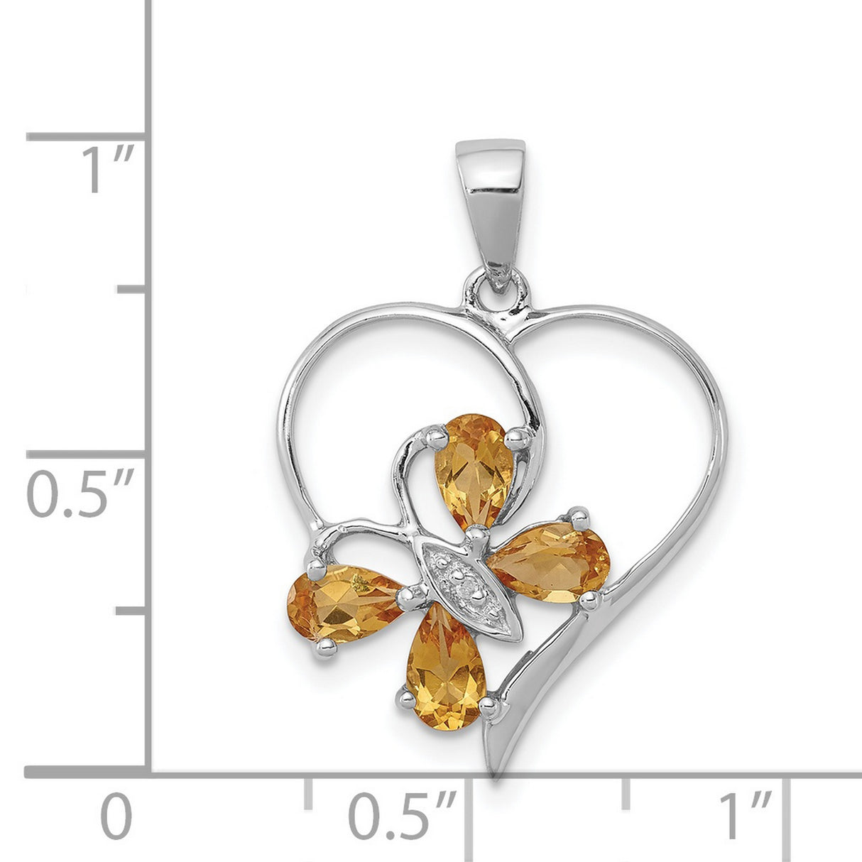 Sterling Silver Heart Pendant with Citrine and Diamond, Open Floral Design for Women