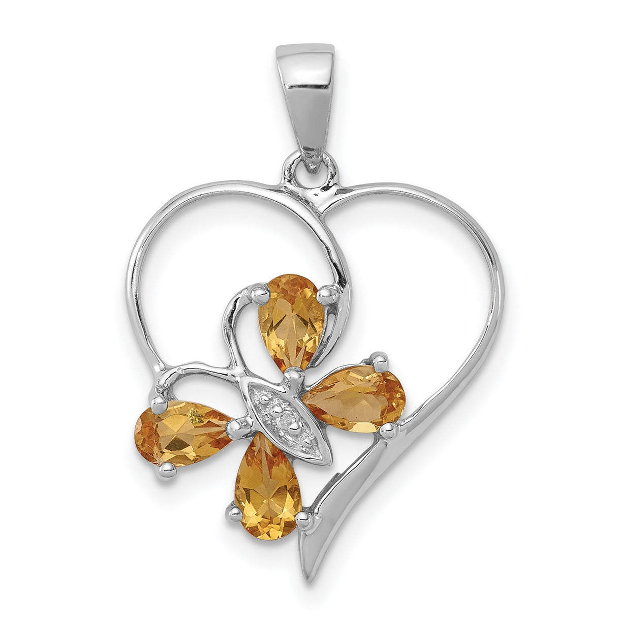 Sterling Silver Heart Pendant with Citrine and Diamond, Open Floral Design for Women