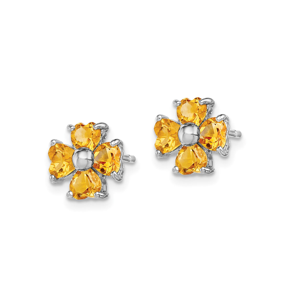 Sterling Silver Flower Stud Earrings with Citrine Heart-Shaped Gemstones