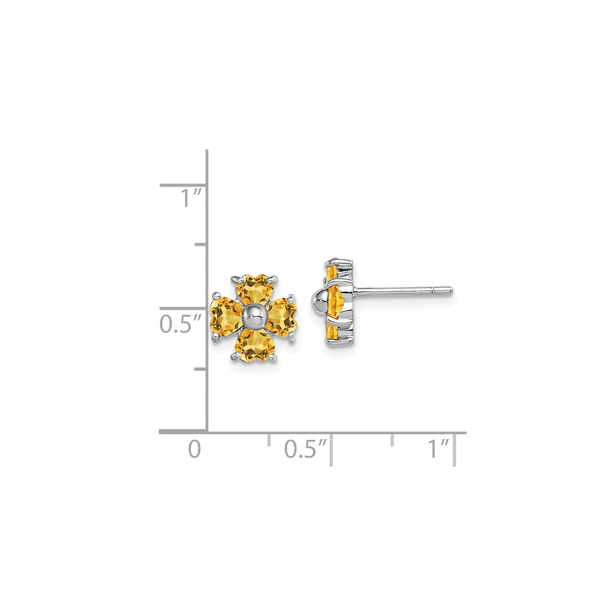 Sterling Silver Flower Stud Earrings with Citrine Heart-Shaped Gemstones