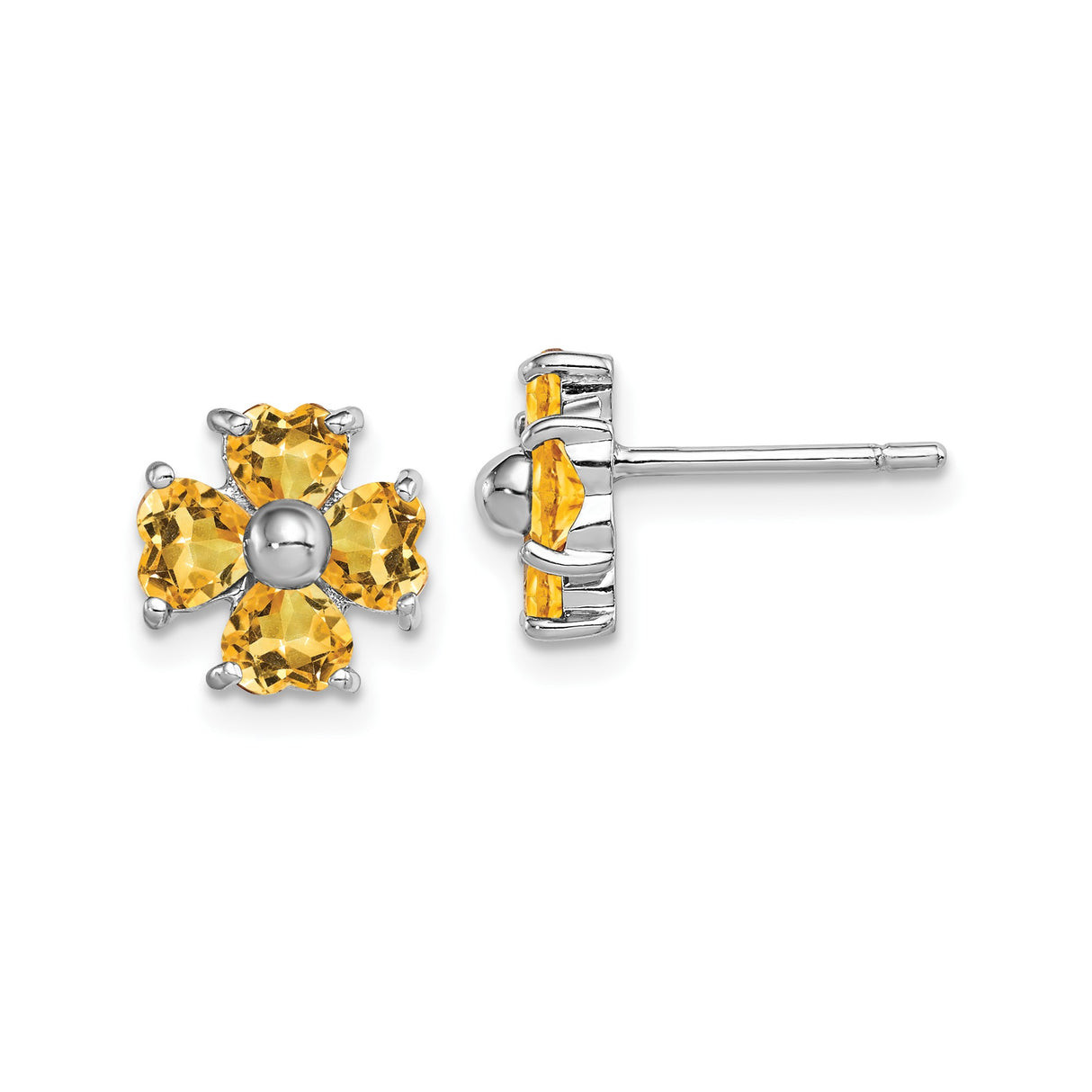 Sterling Silver Flower Stud Earrings with Citrine Heart-Shaped Gemstones