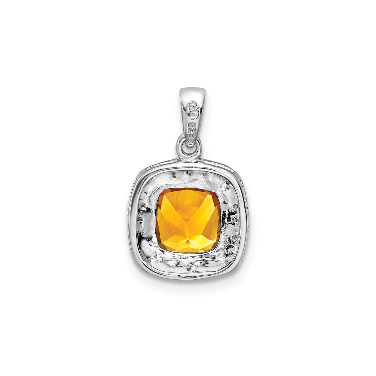 Sterling Silver Cushion Cut Citrine Pendant with Textured Border and Diamond Accents