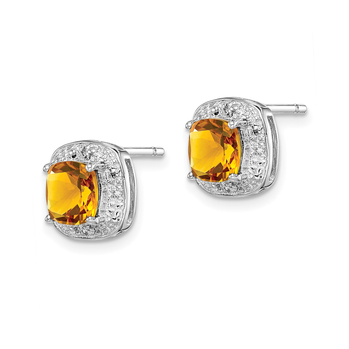 Sterling Silver Stud Earrings with Cushion Cut Citrine and Diamond Halo for Women