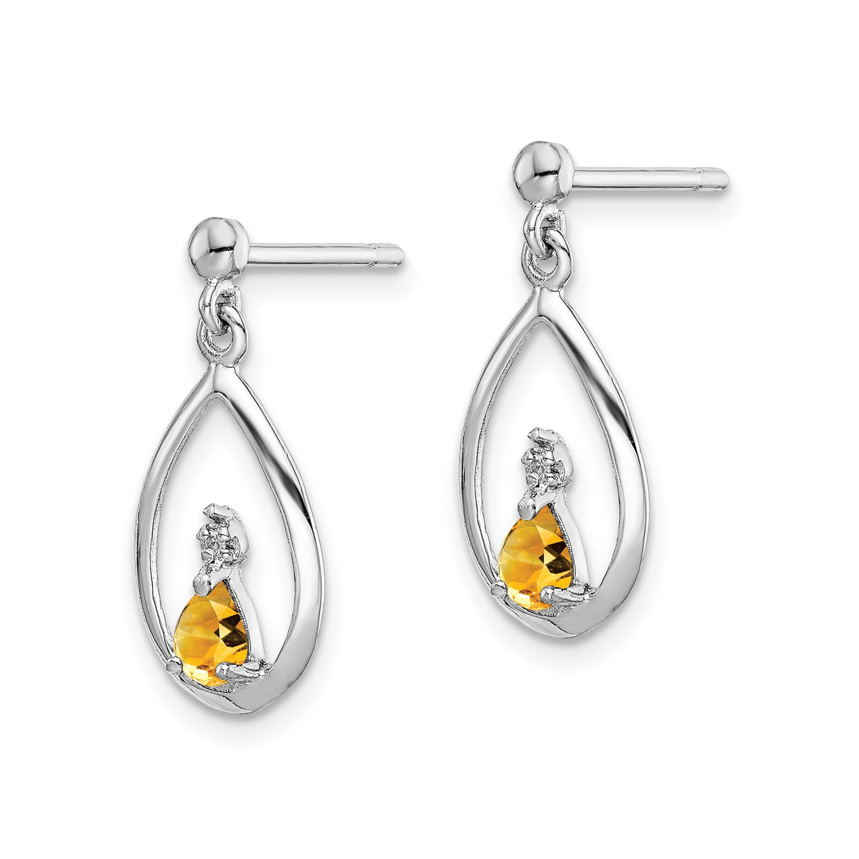 Sterling Silver Drop Earrings with Citrine and Diamond, Teardrop Flame Design