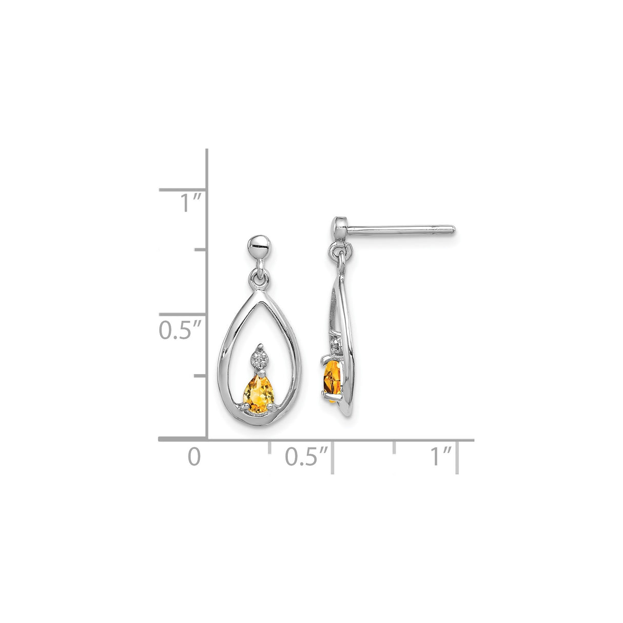 Sterling Silver Drop Earrings with Citrine and Diamond, Teardrop Flame Design