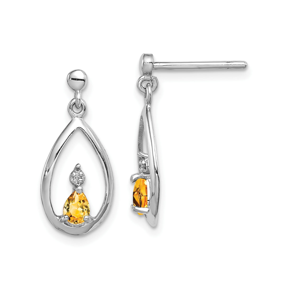 Sterling Silver Drop Earrings with Citrine and Diamond, Teardrop Flame Design