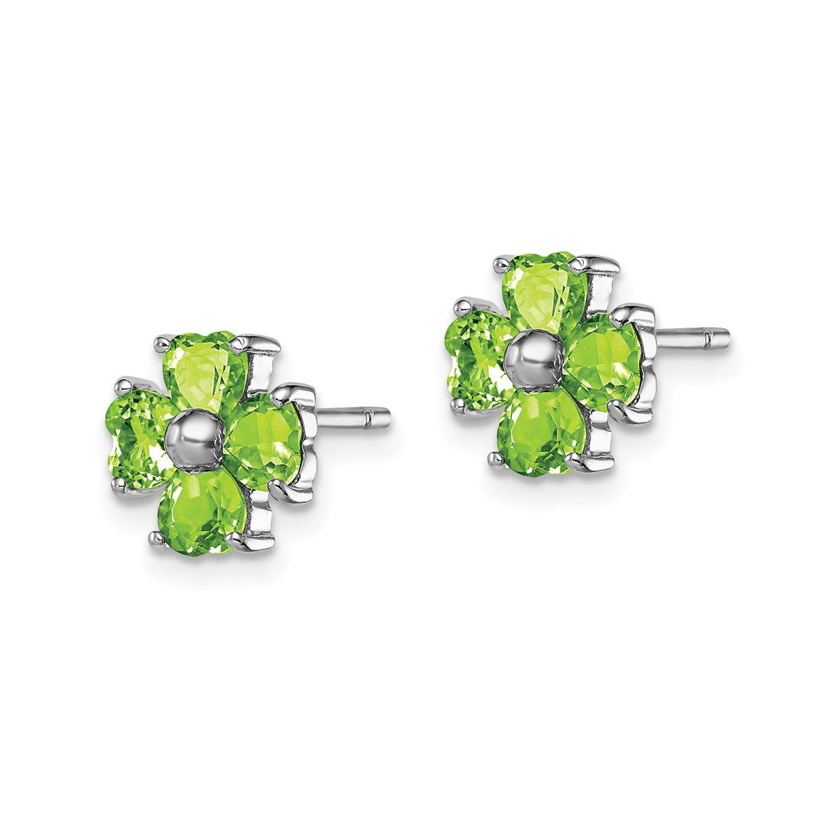 Sterling Silver Clover Stud Earrings with Heart Shaped Peridot Gemstones, Four Leaf Design