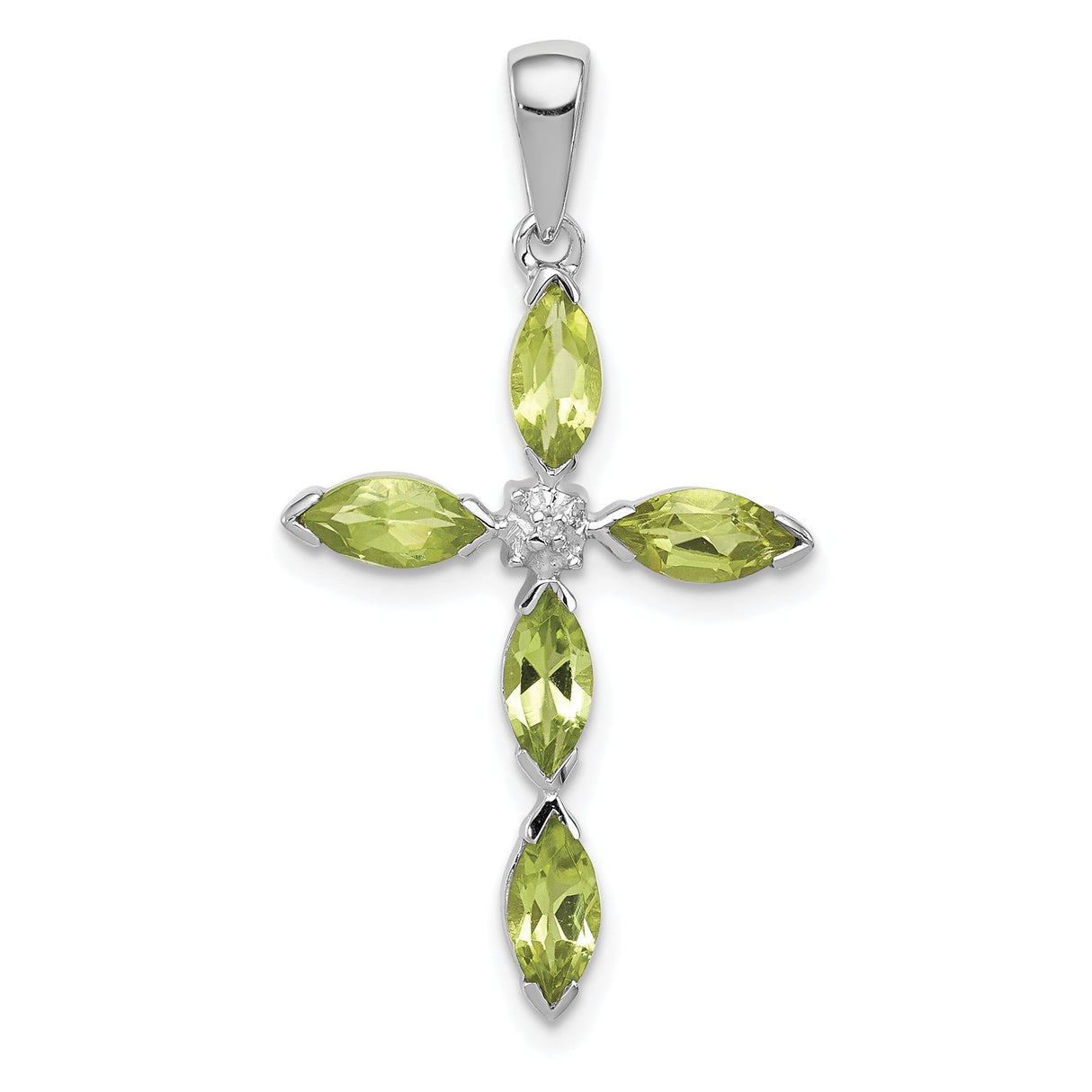 Sterling Silver Pendant with Marquise Peridot and Diamond, Faith Cross Design for Men and Women