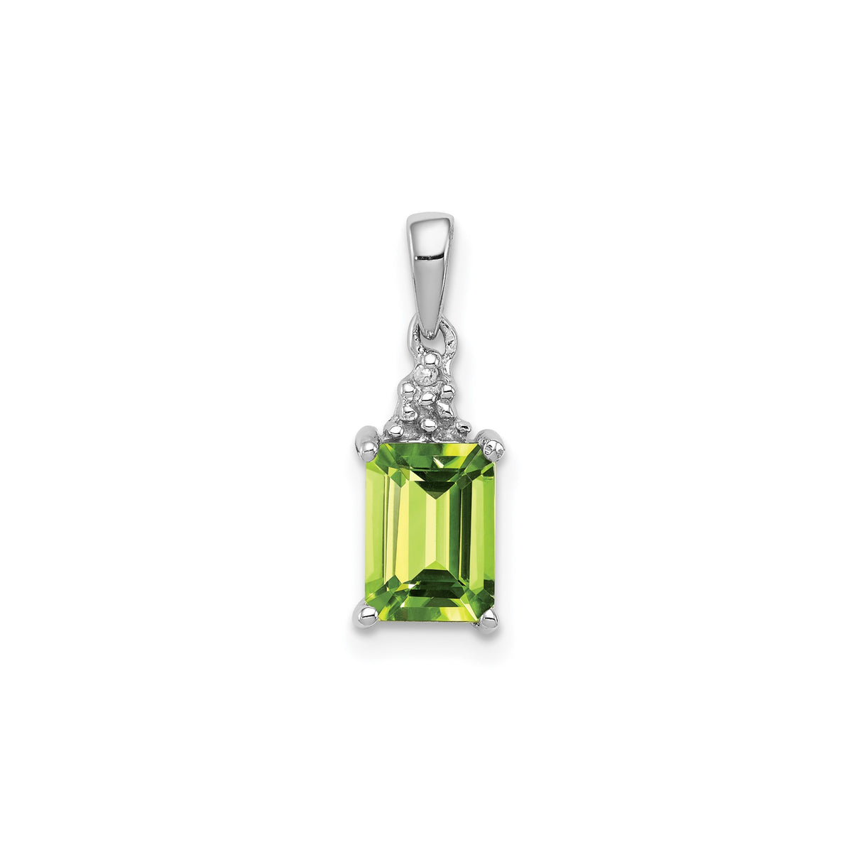 Sterling Silver Pendant with Peridot and Diamond, Emerald Cut, Textured Bail, August Birthstone