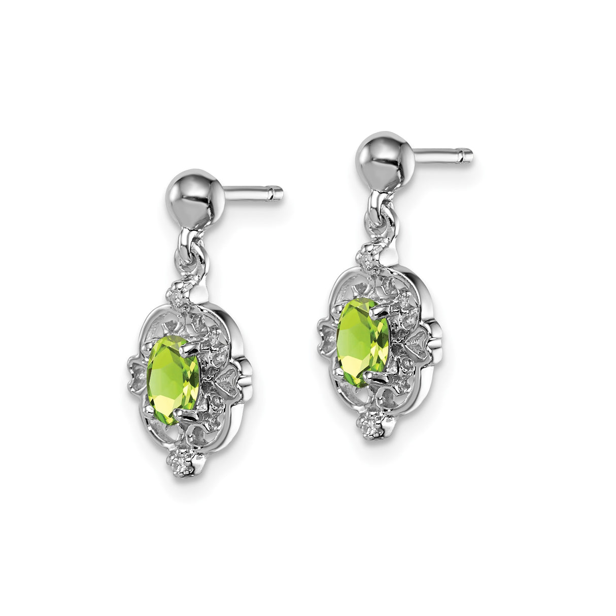 Sterling Silver Dangle Earrings with Peridot and Diamond, Filigree Heart Scroll Design