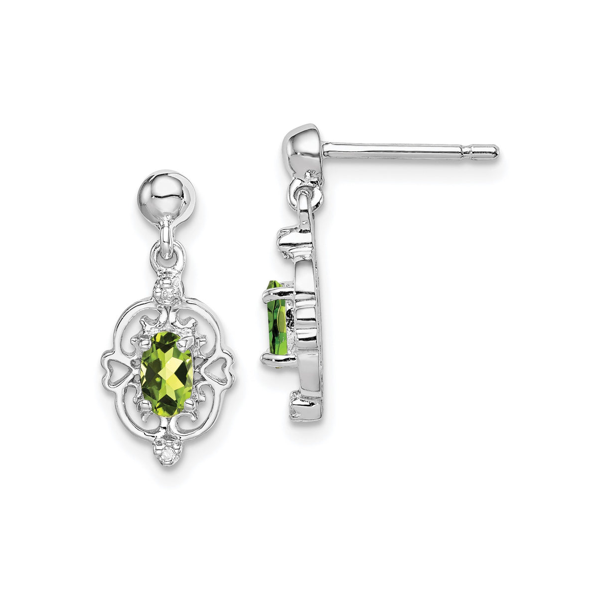 Sterling Silver Dangle Earrings with Peridot and Diamond, Filigree Heart Scroll Design