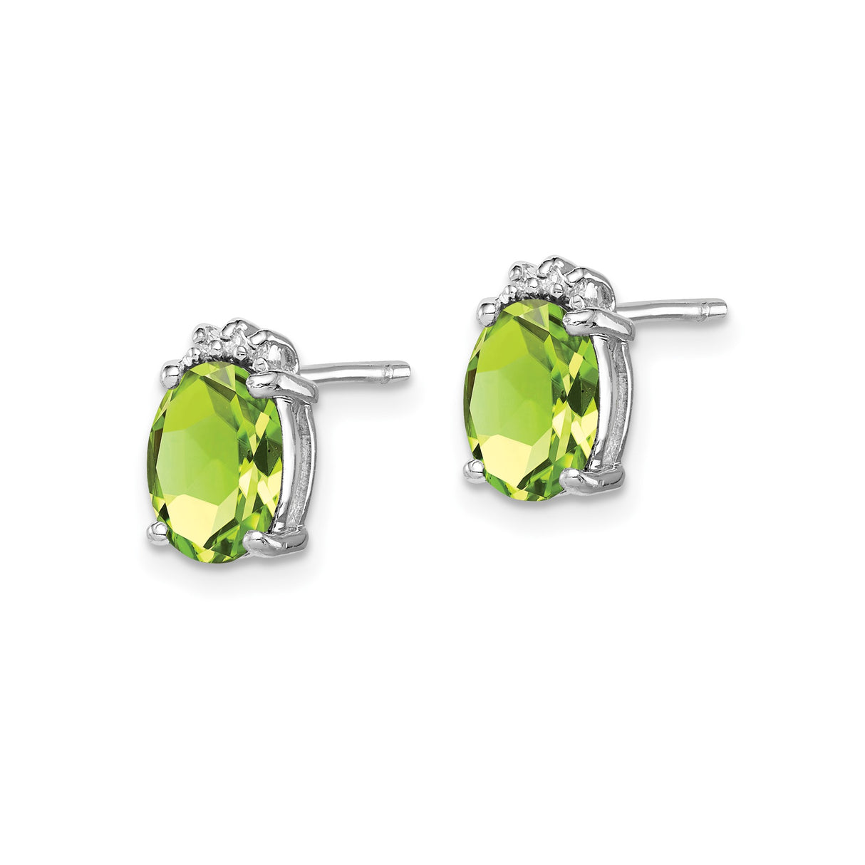 Sterling Silver Stud Earrings with Oval Peridot and Diamond Accents, August Birthstone Crown Design