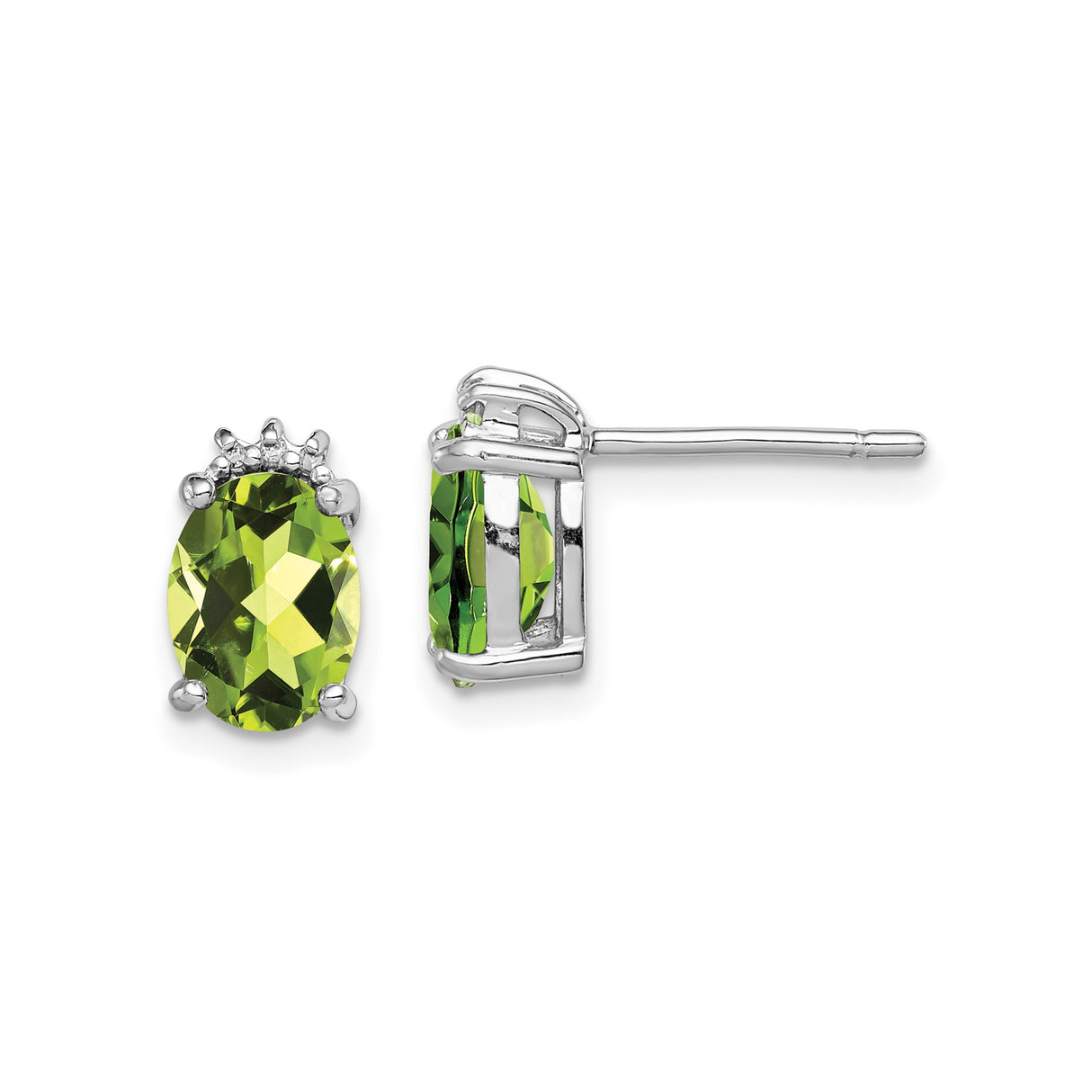 Sterling Silver Stud Earrings with Oval Peridot and Diamond Accents, August Birthstone Crown Design