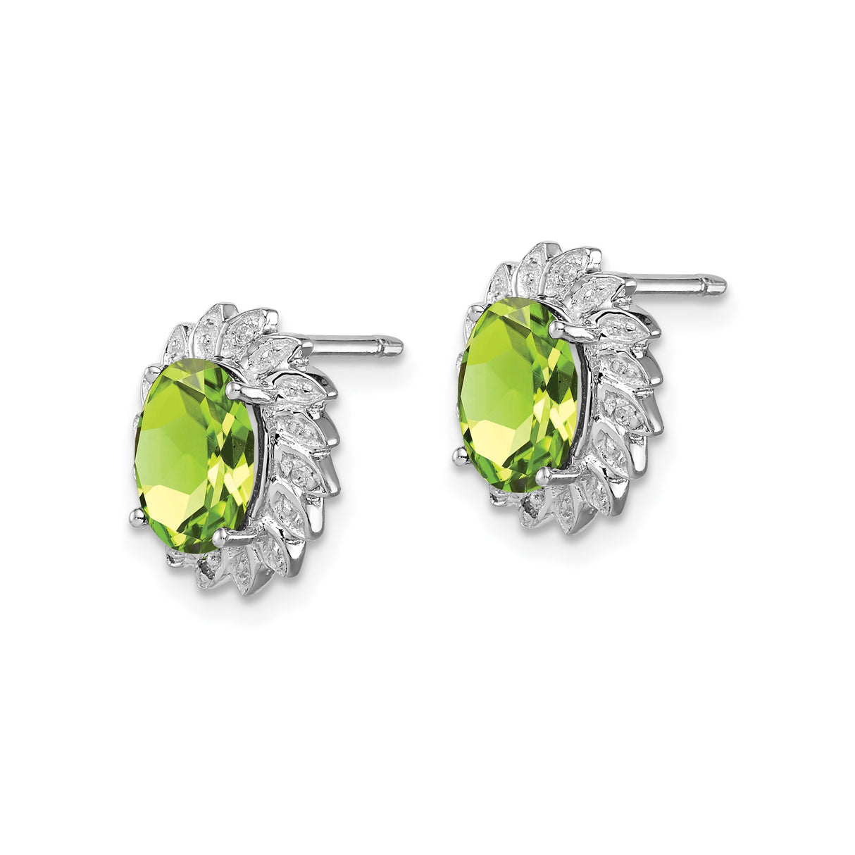 Sterling Silver Stud Earrings with Peridot and Diamond, Oval Floral Halo Design