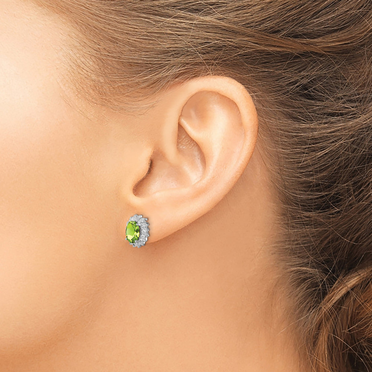 Sterling Silver Stud Earrings with Peridot and Diamond, Oval Floral Halo Design