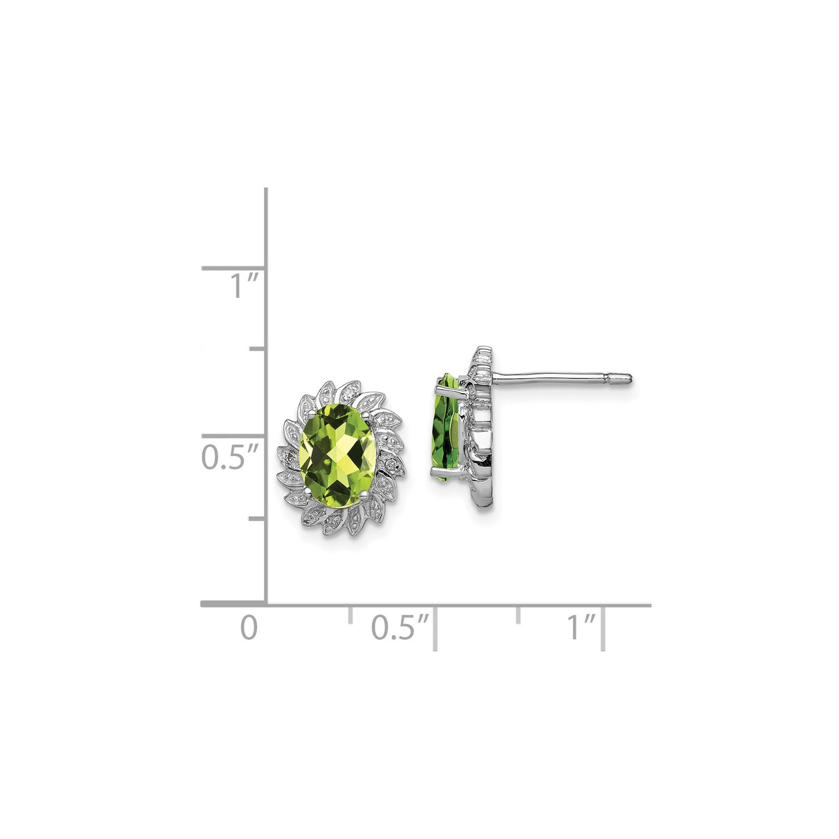 Sterling Silver Stud Earrings with Peridot and Diamond, Oval Floral Halo Design