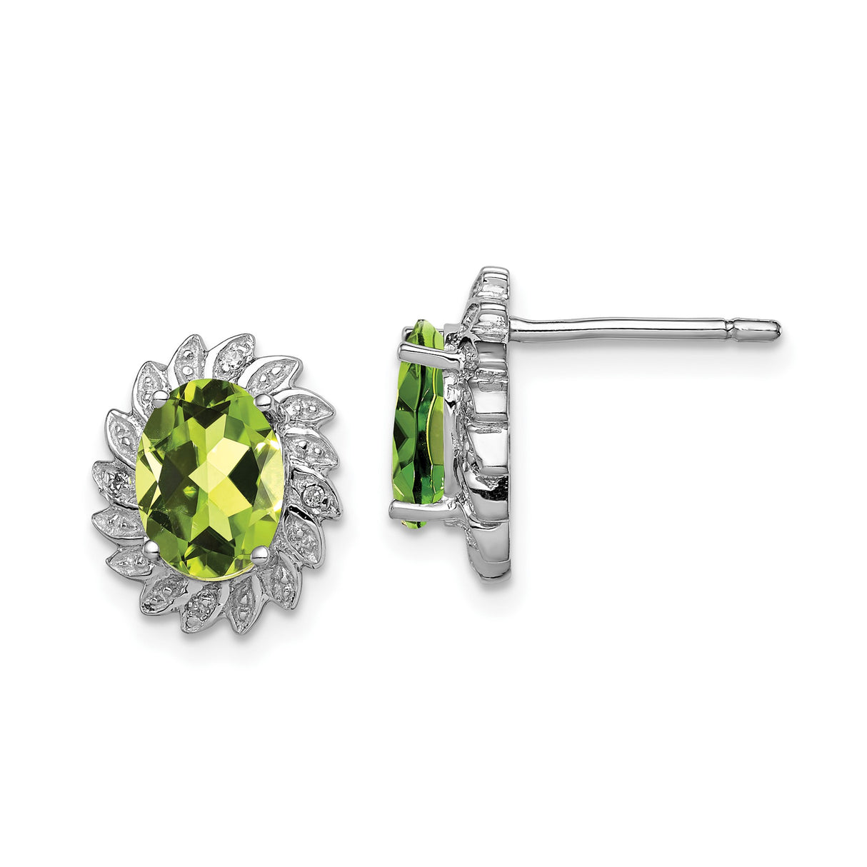 Sterling Silver Stud Earrings with Peridot and Diamond, Oval Floral Halo Design