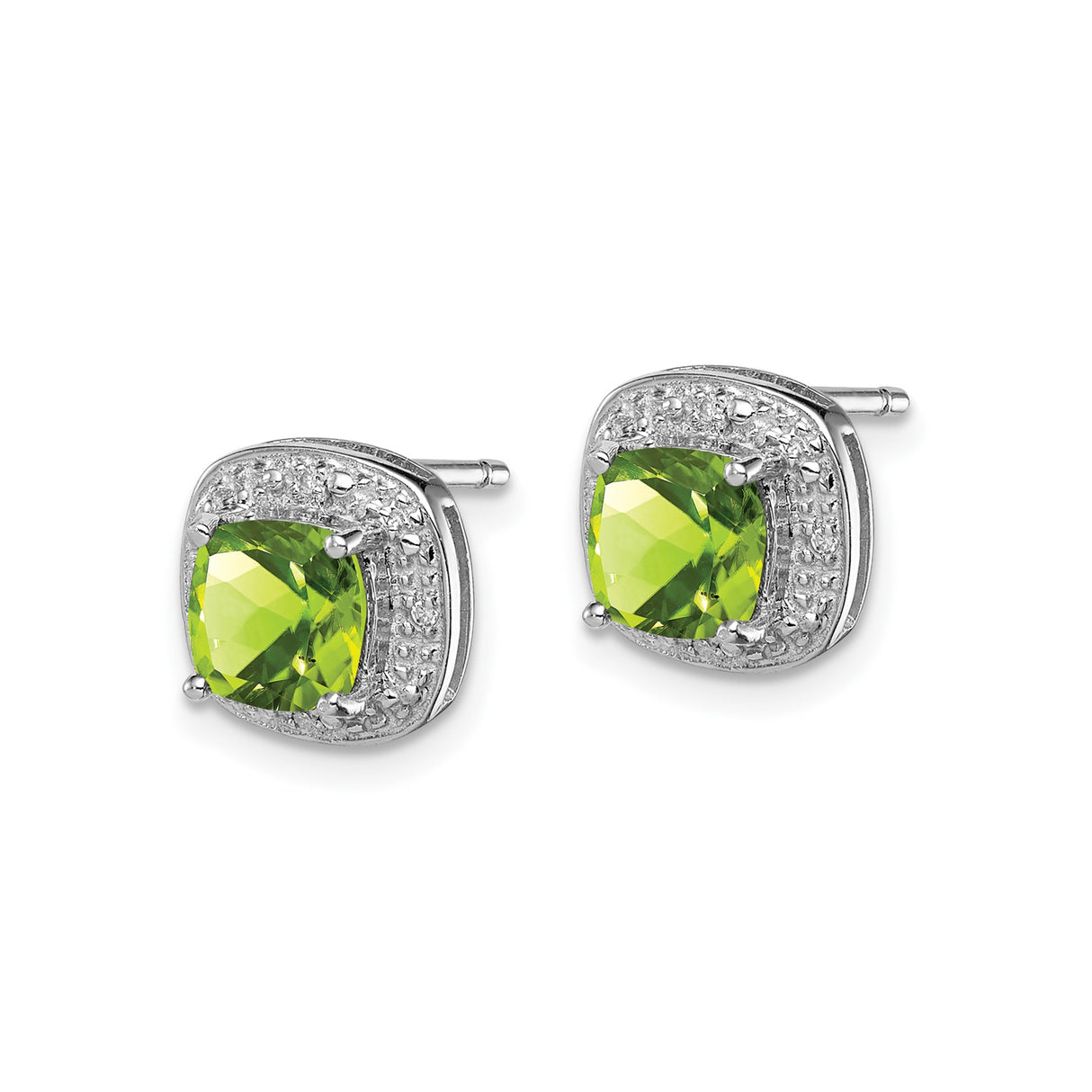 Sterling Silver Peridot Stud Earrings with Diamond Accents in Cushion Halo Setting