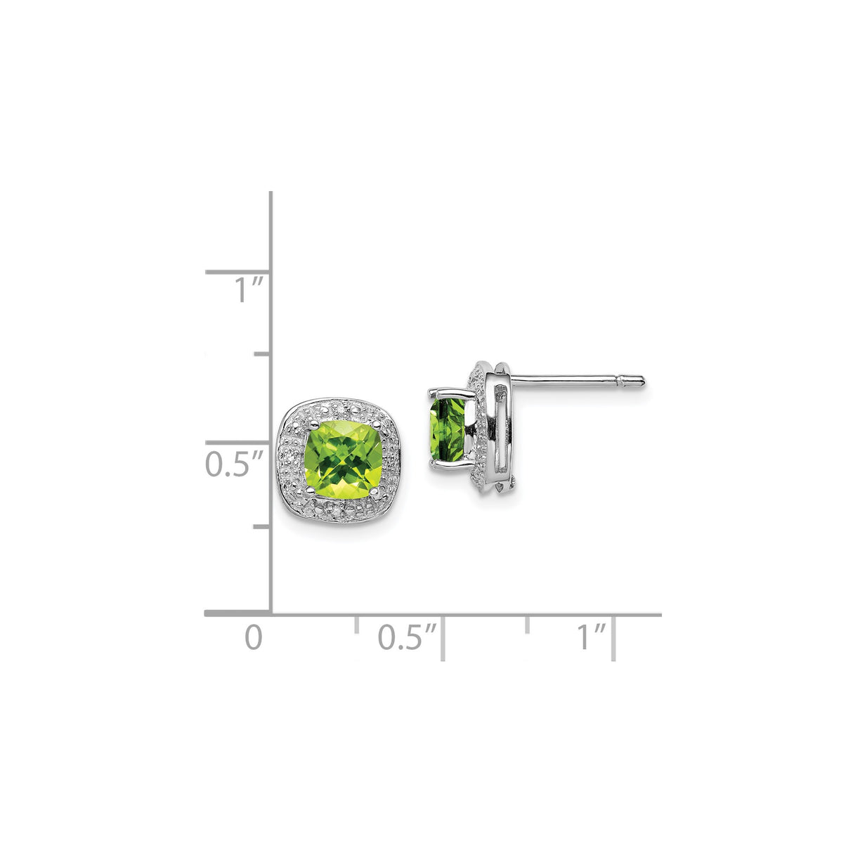Sterling Silver Peridot Stud Earrings with Diamond Accents in Cushion Halo Setting