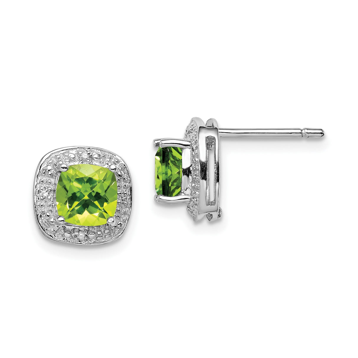 Sterling Silver Peridot Stud Earrings with Diamond Accents in Cushion Halo Setting