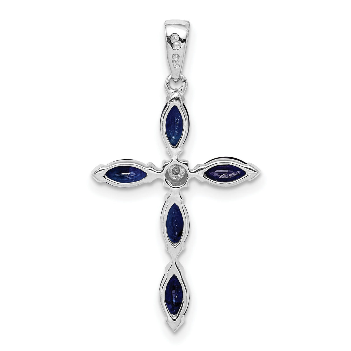 Sterling Silver Cross Pendant with Marquise Sapphire and Diamond Center Stone, Religious Jewelry for Women