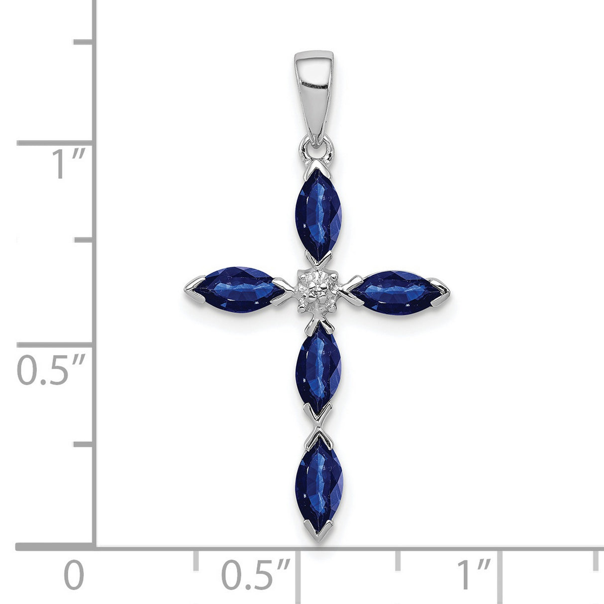 Sterling Silver Cross Pendant with Marquise Sapphire and Diamond Center Stone, Religious Jewelry for Women