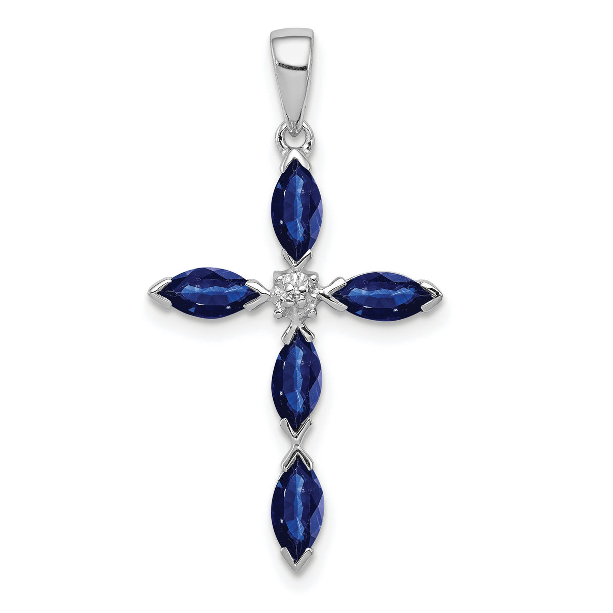 Sterling Silver Cross Pendant with Marquise Sapphire and Diamond Center Stone, Religious Jewelry for Women