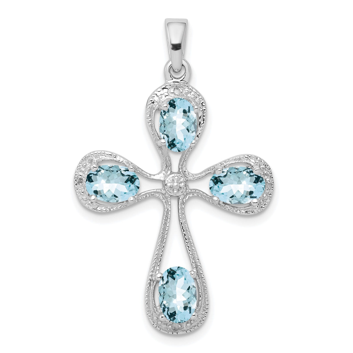 Sterling Silver Cross Pendant with Aquamarine and Diamond, Vintage Inspired Faith Jewelry