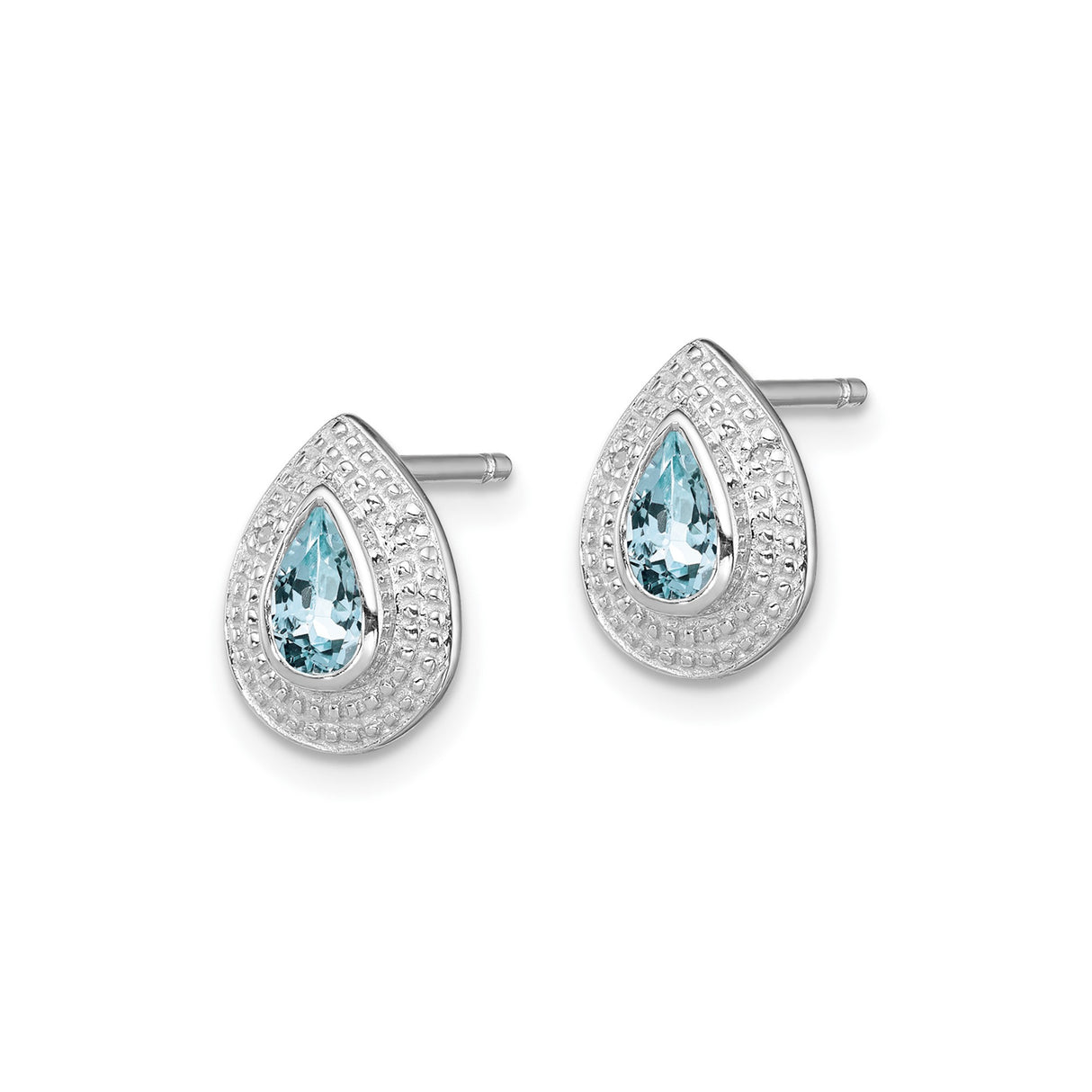 Sterling Silver Teardrop Stud Earrings with Aquamarine and Diamond Accents, Textured Border