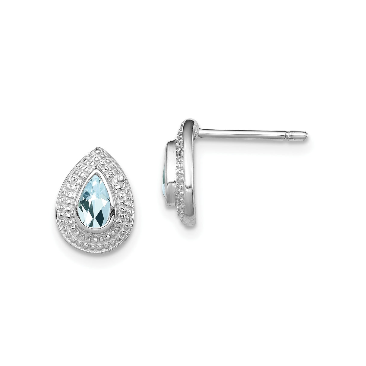Sterling Silver Teardrop Stud Earrings with Aquamarine and Diamond Accents, Textured Border