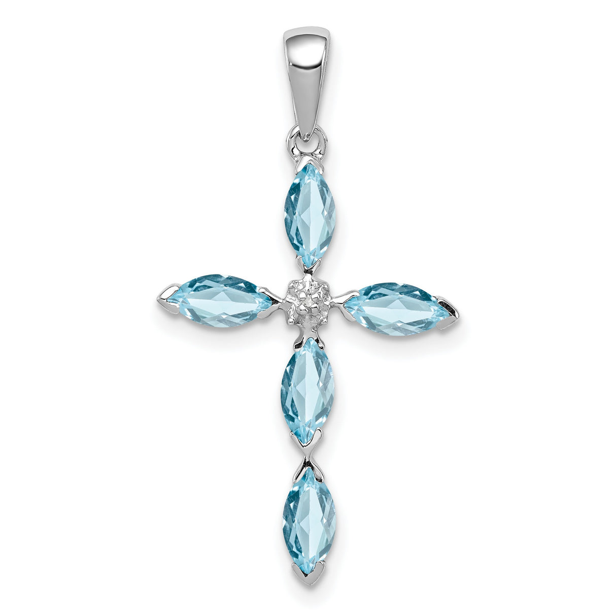 Light Swiss Blue Topaz Cross and Diamond Charm Pendant in Real 925 Sterling Silver