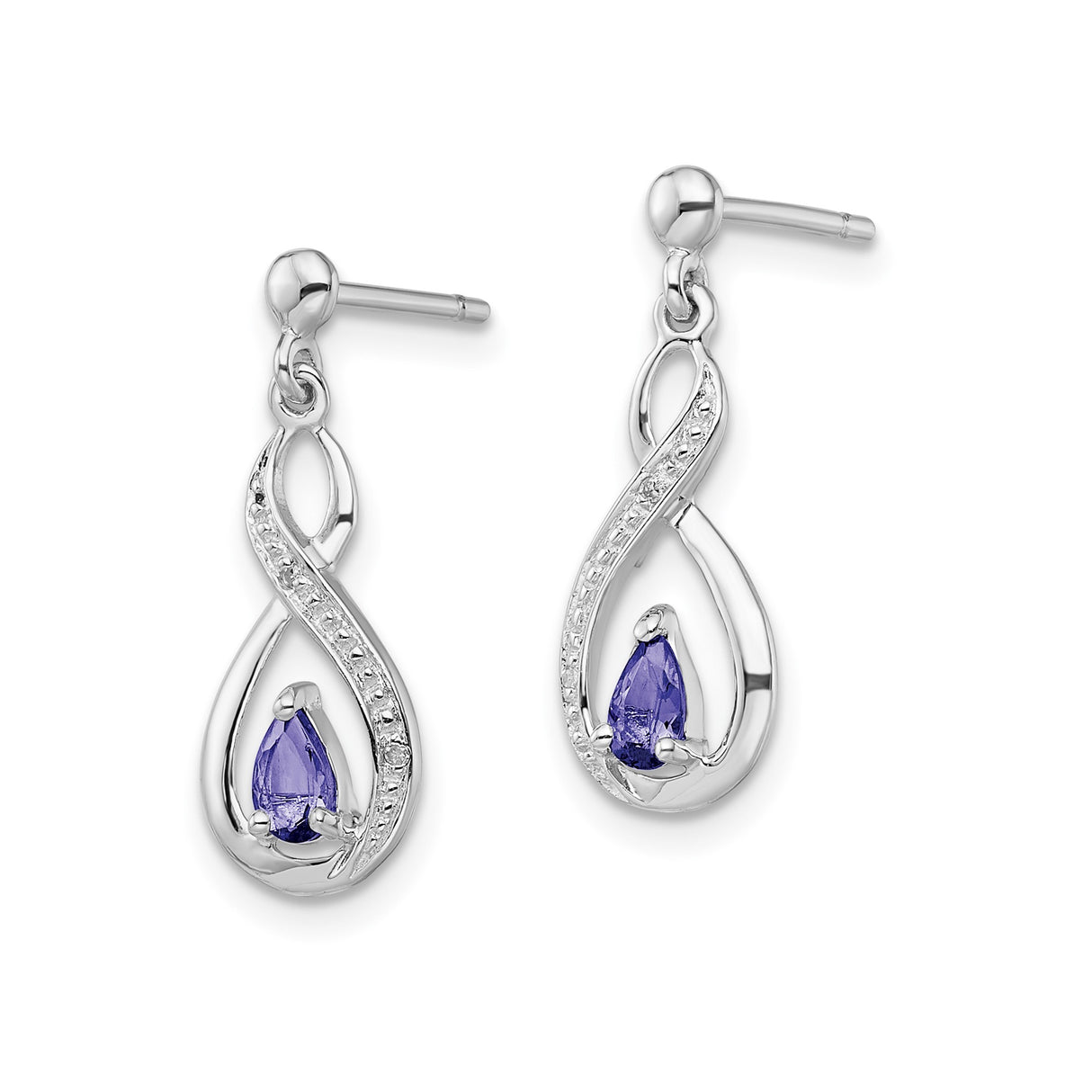 Sterling Silver Dangle Earrings with Pear Shaped Tanzanite and Diamond Accents, Infinity Design