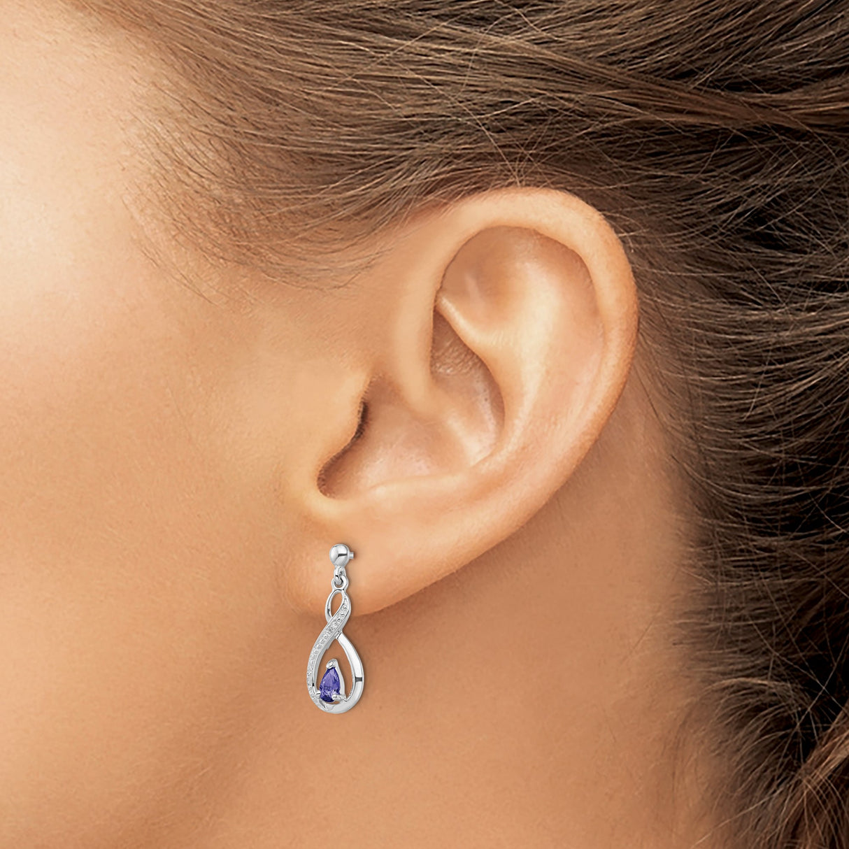 Sterling Silver Dangle Earrings with Pear Shaped Tanzanite and Diamond Accents, Infinity Design