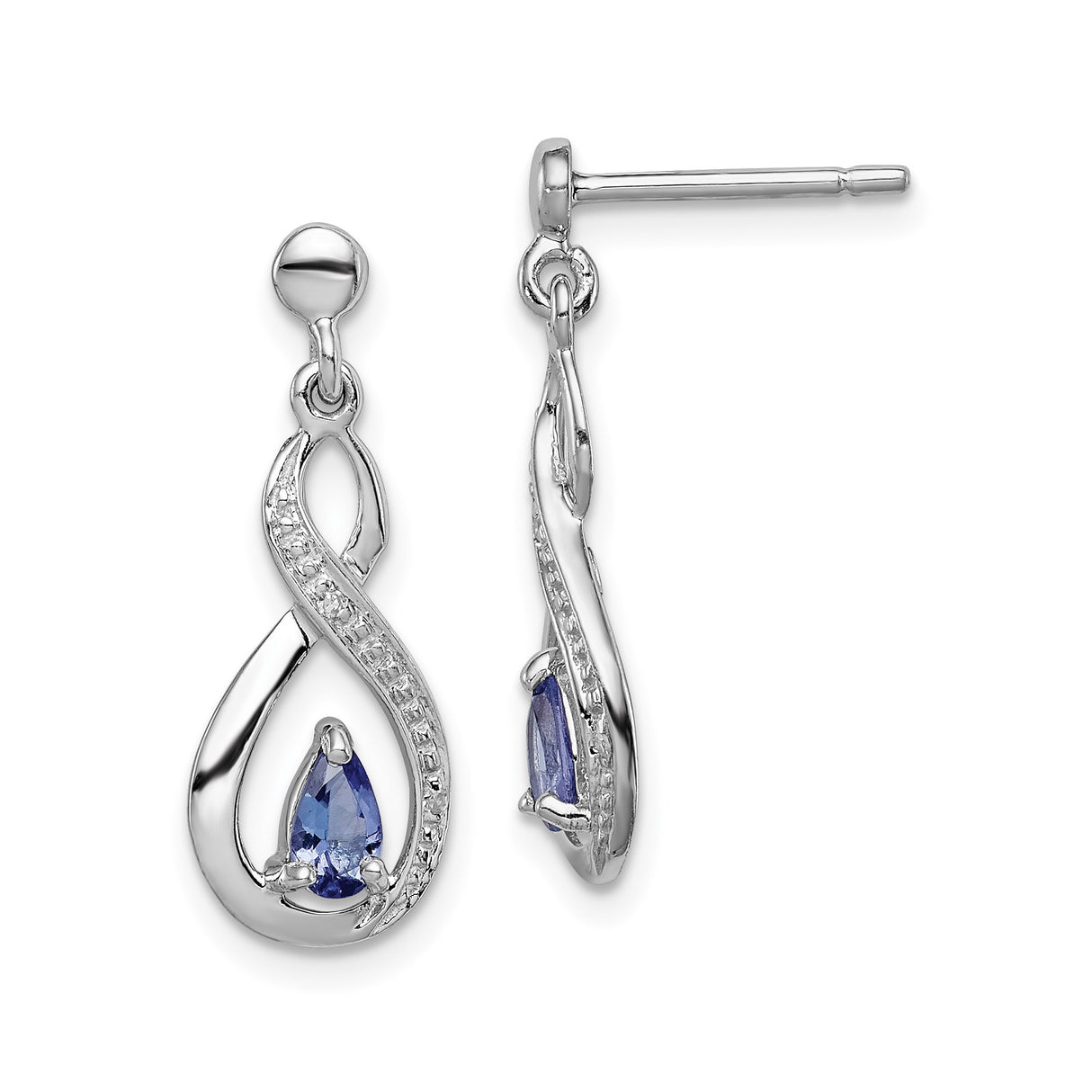 Sterling Silver Dangle Earrings with Pear Shaped Tanzanite and Diamond Accents, Infinity Design