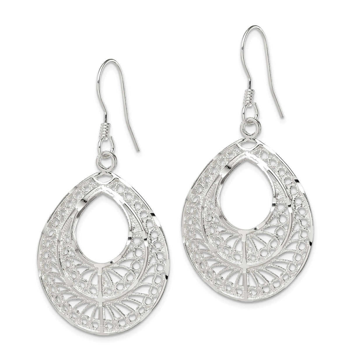 Sterling Silver Teardrop Dangle Earrings with Filigree Openwork Design, Boho Vintage Style