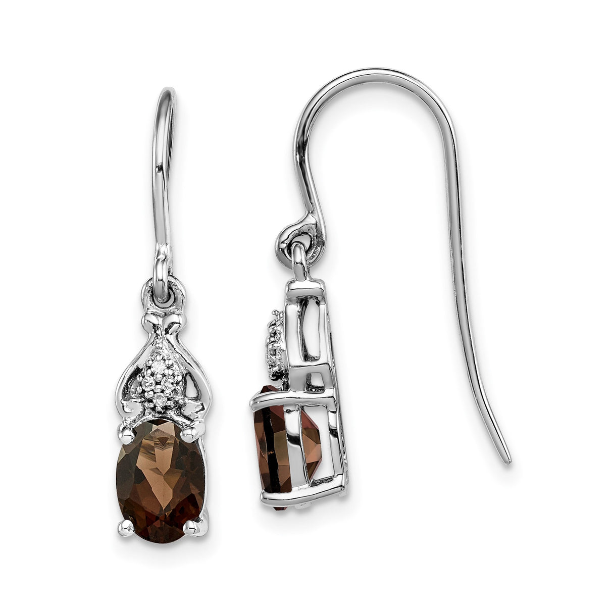 Sterling Silver Dangle Earrings with Oval-Cut Smoky Quartz and Diamond Accents