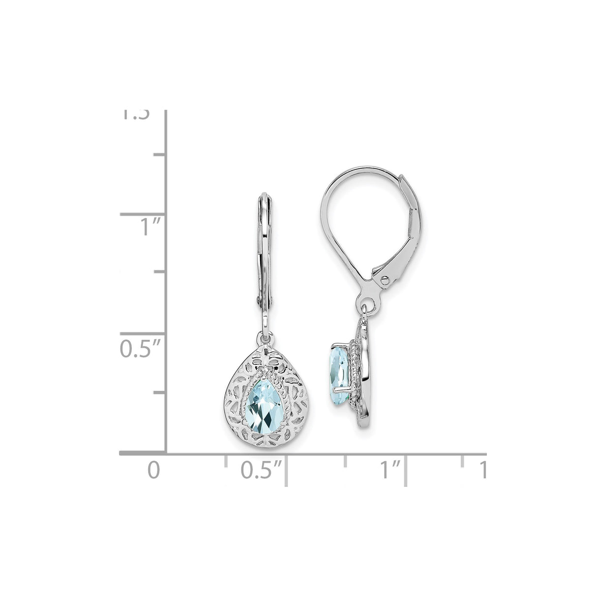 Sterling Silver Dangle Earrings with Aquamarine, Teardrop Filigree Design, Leverback Closure