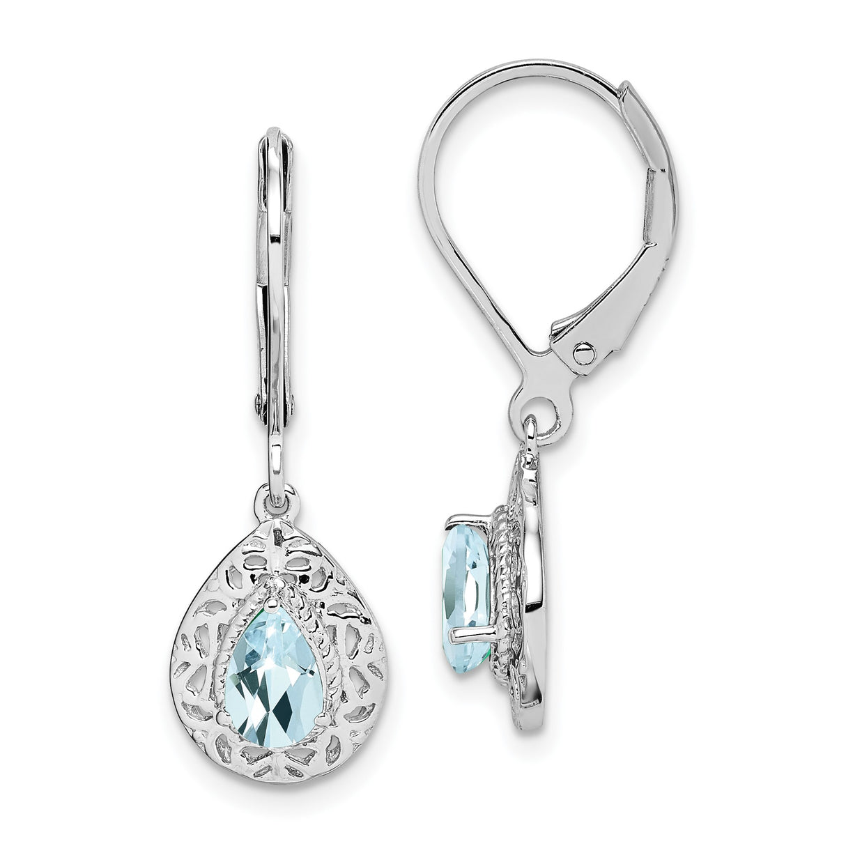 Sterling Silver Dangle Earrings with Aquamarine, Teardrop Filigree Design, Leverback Closure