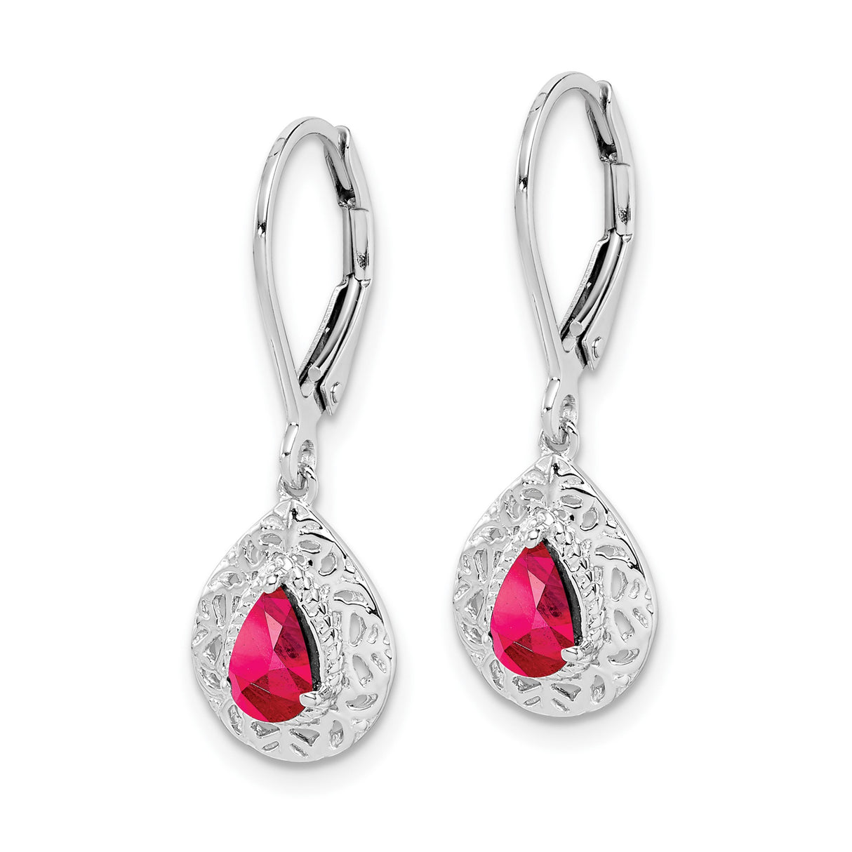 Sterling Silver Dangle Earrings with Ruby Teardrop Gemstones, Filigree Design, Leverback Closure