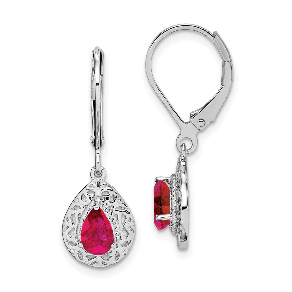 Sterling Silver Dangle Earrings with Ruby Teardrop Gemstones, Filigree Design, Leverback Closure