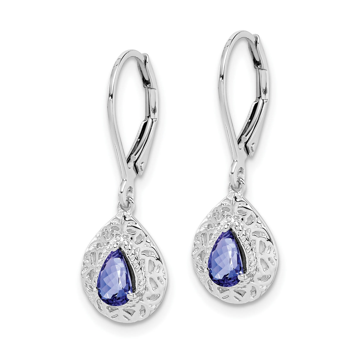 Sterling Silver Teardrop Earrings with Tanzanite, Filigree Leverback Dangle Style